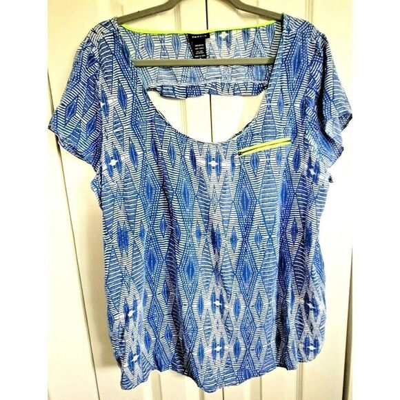 Torrid 2 Peek A Boo Back Top Size 2X Colorful Tropical Flutter Sleeves Faux Pckt - Picture 1 of 5